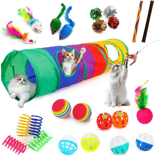 25-Piece Cat Toys Kit with Rainbow Tunnel - Interactive Cat Toy Bundle