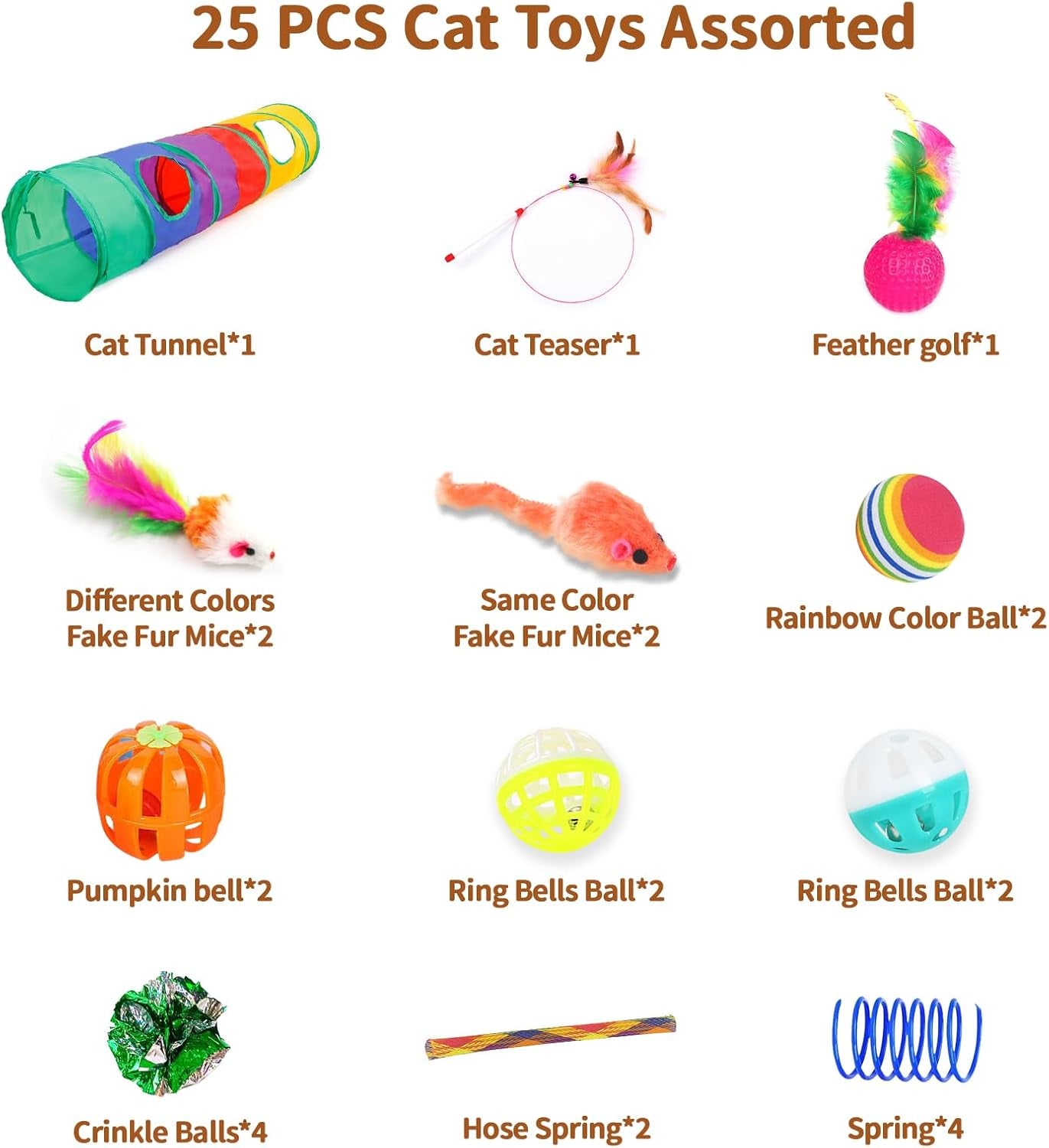 25-Piece Cat Toys Kit with Rainbow Tunnel - Interactive Cat Toy Bundle
