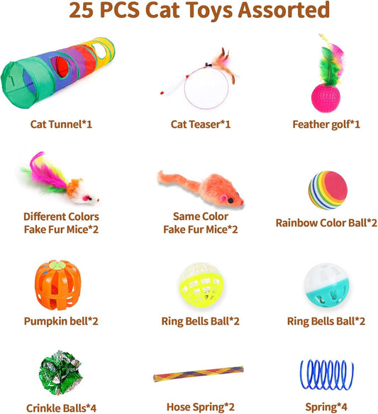 25-Piece Cat Toys Kit with Rainbow Tunnel - Interactive Cat Toy Bundle