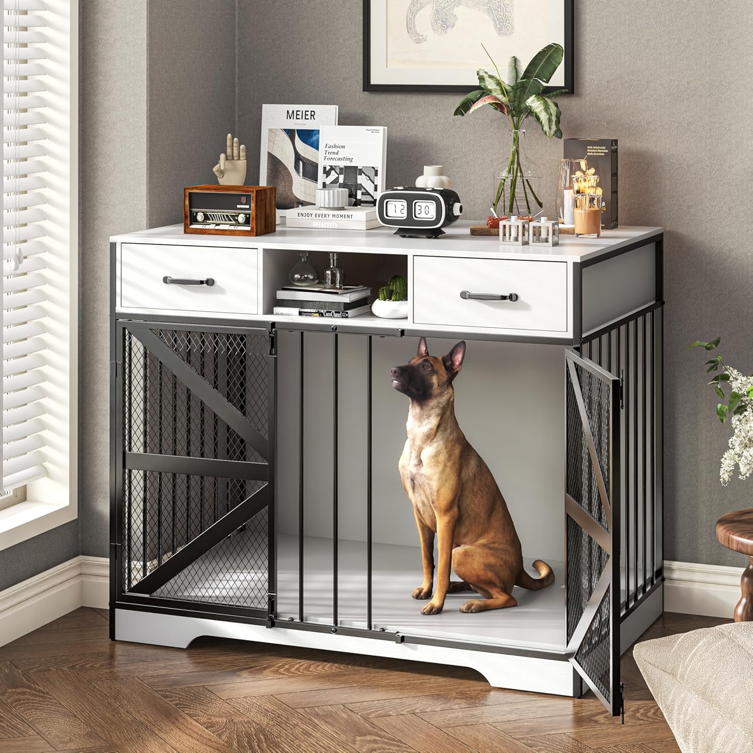 44" Large Dog Crate Furniture, Wooden Heavy Duty Dog Kennel TV Stand with 2 Drawers, Indoor Multi-Functional Decorative XL Furniture for Medium & Large Breeds, Grey