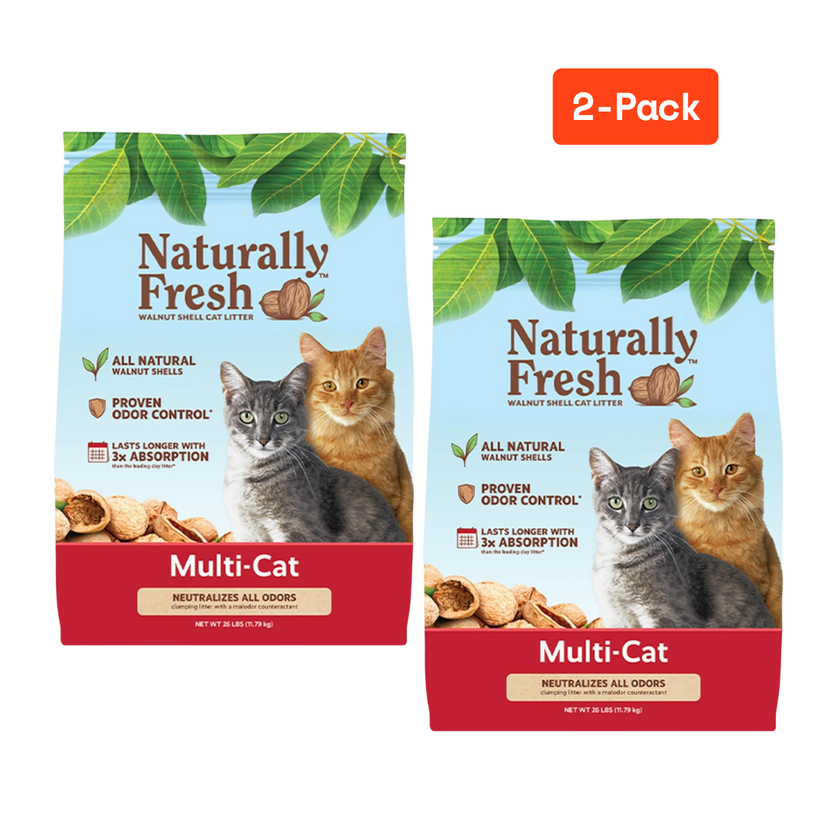 2 Bags Naturally Fresh Walnut-Based Quick Clumping Multi-Cat Litter 26 lb. Bag