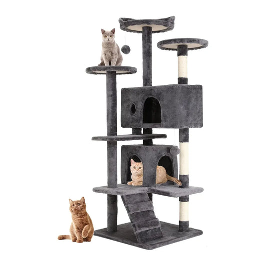 Cat tree with multiple levels and cats on a white background