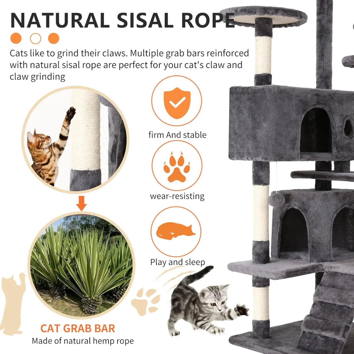 Cat tree with natural sisal rope and cat抓bar, featuring text on benefits.