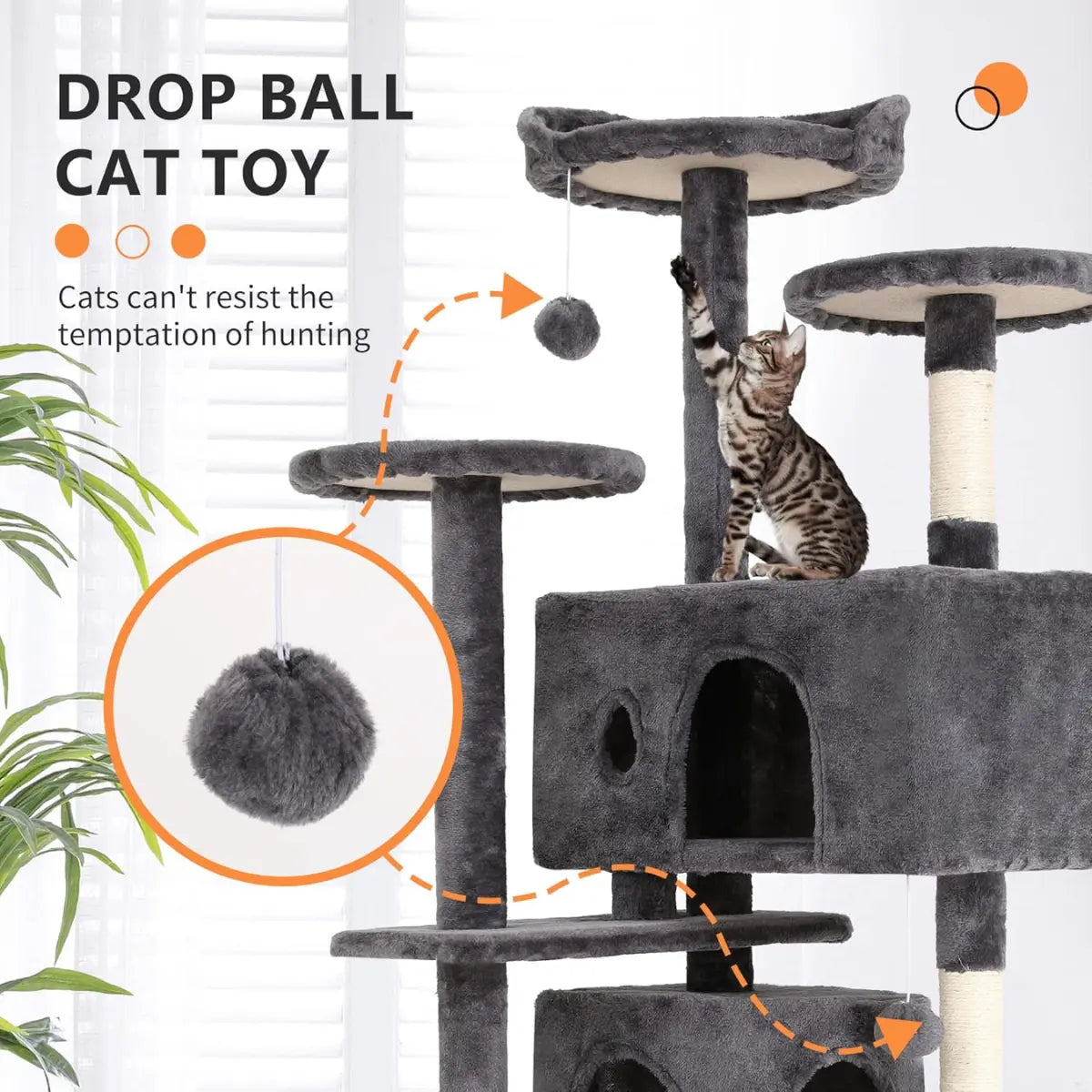 Cat tree with a drop ball toy and a cat playing with it, with text highlighting the product's features.
