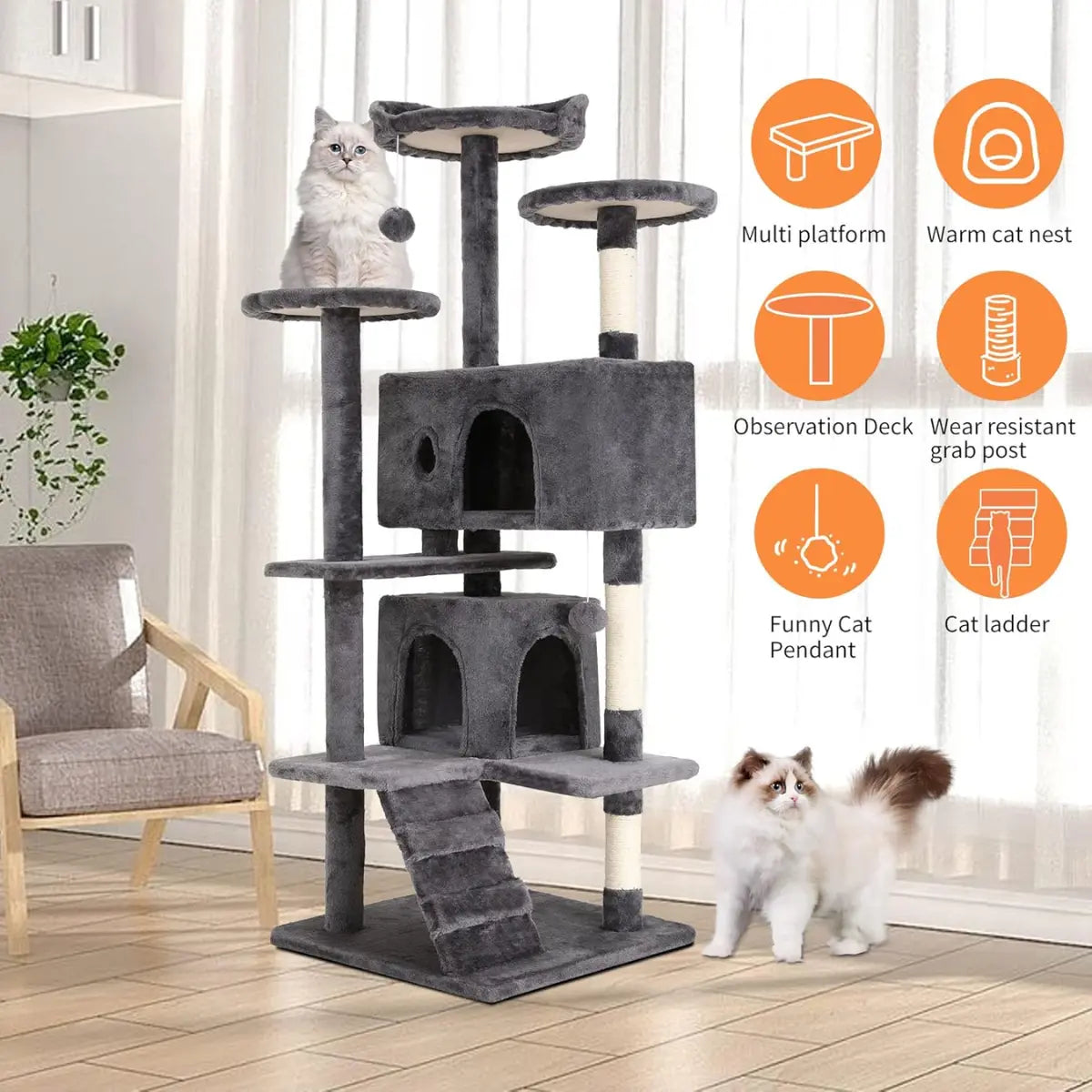 Cat tree with multiple levels and features, with two cats on and around it in a room setting.