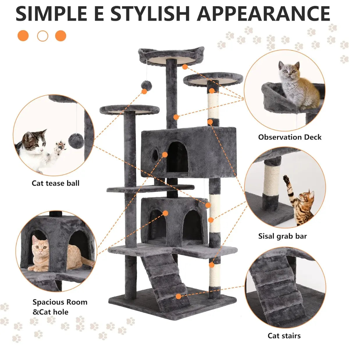 Cat tree with various features highlighted, including a cat teaser ball, observation deck, sisal grab bar, spacious room, and cat stairs.