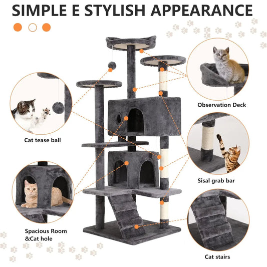 Cat tree with various features highlighted, including a cat teaser ball, observation deck, sisal grab bar, spacious room, and cat stairs.