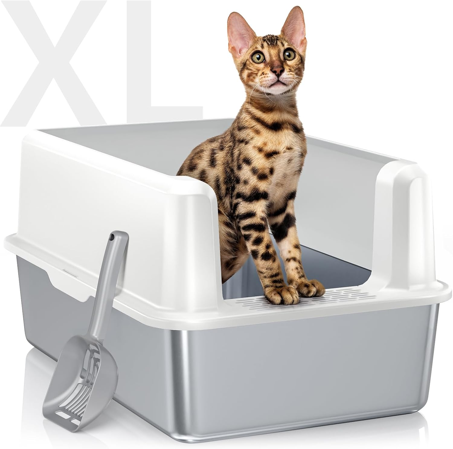 XL Enclosed Stainless Steel Cat Litter Box High Sided with Lid for Big Cats