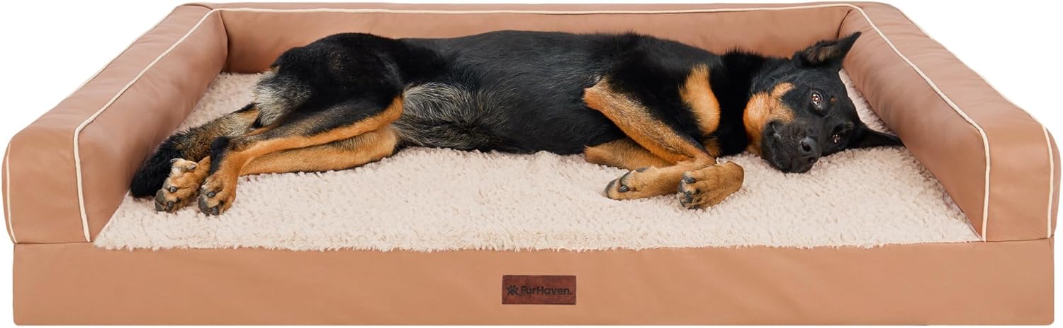 Furhaven XL Orthopedic Dog Bed Luxe Faux Fur & Performance Linen Sofa-Style W/ R