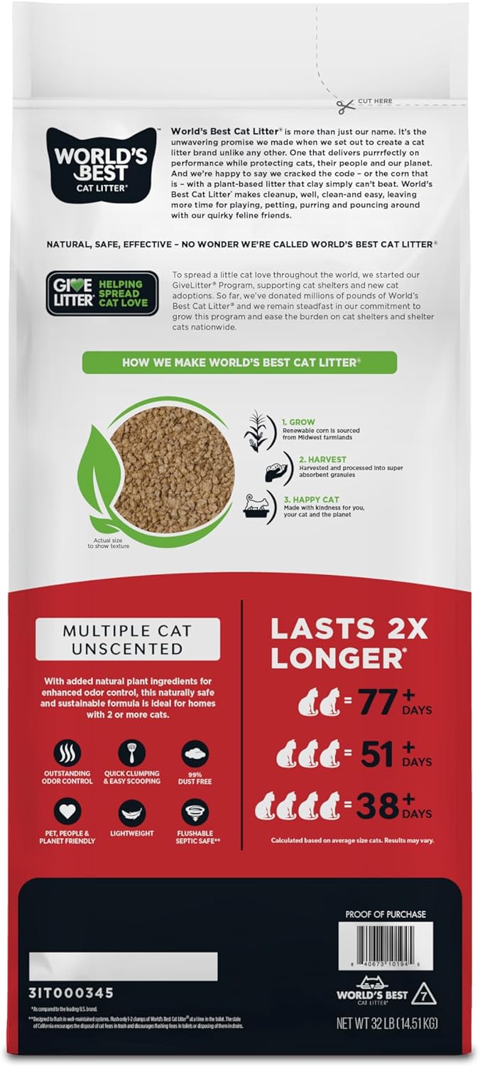 WORLD'S BEST CAT LITTER Multiple Cat Unscented - Natural Ingredients, 32-Pounds