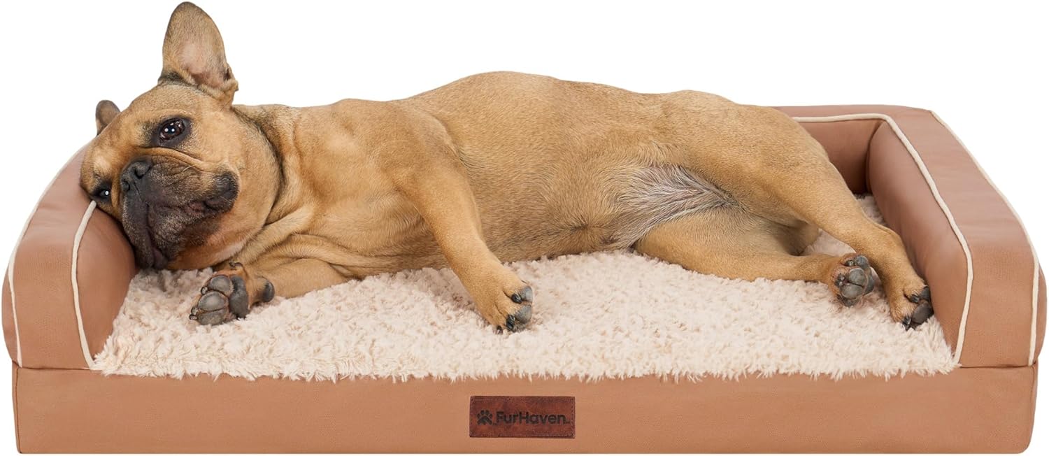 Furhaven XL Orthopedic Dog Bed Luxe Faux Fur & Performance Linen Sofa-Style W/ R