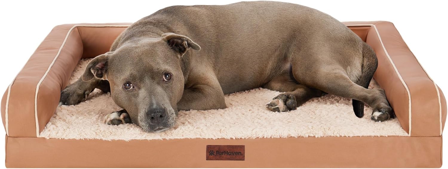 Furhaven XL Orthopedic Dog Bed Luxe Faux Fur & Performance Linen Sofa-Style W/ R