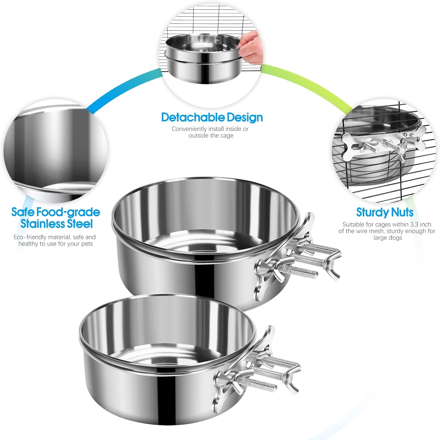 2 Pcs Large Dog Food Water Bowl for Cage with Upgraded Clamp Holder Pet Kennel