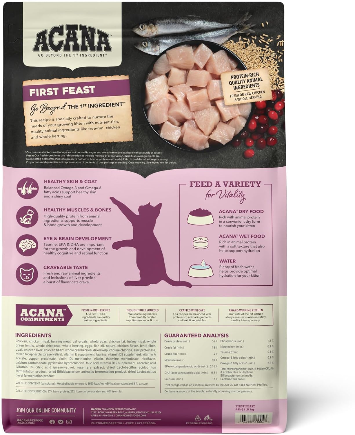 Dry Cat Food for Kittens, First Feast, Free Run Chicken and Whole Herring, 4Lb