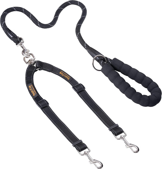Double Dog Leash with Rope Handle - Double Leash for Two Dogs No Tangle Design