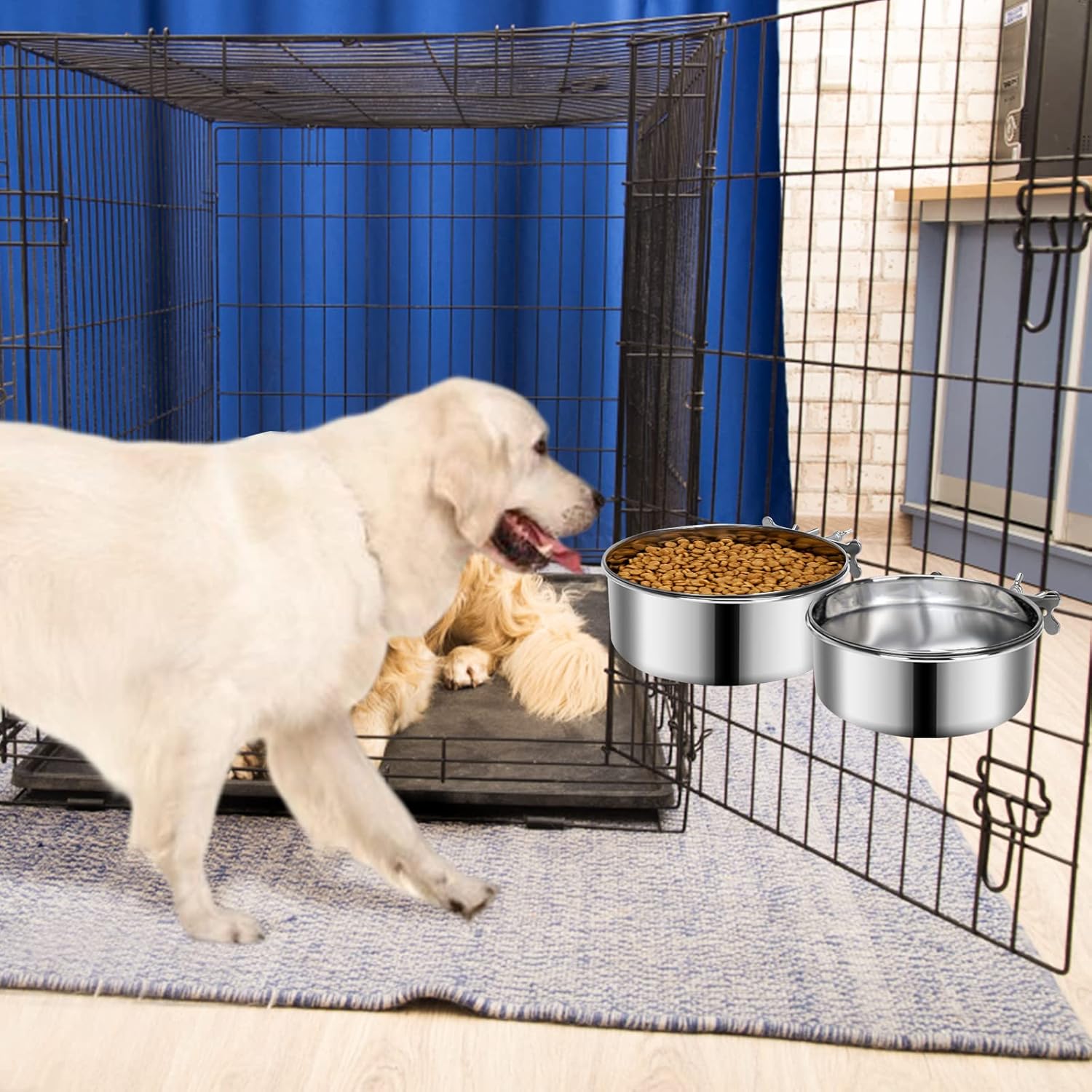 2 Pcs Large Dog Food Water Bowl for Cage with Upgraded Clamp Holder Pet Kennel