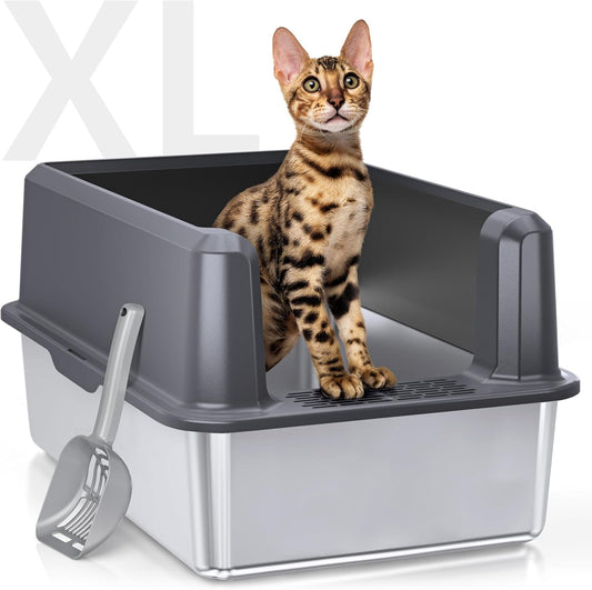 XL Enclosed Stainless Steel Cat Litter Box High Sided with Lid for Big Cats
