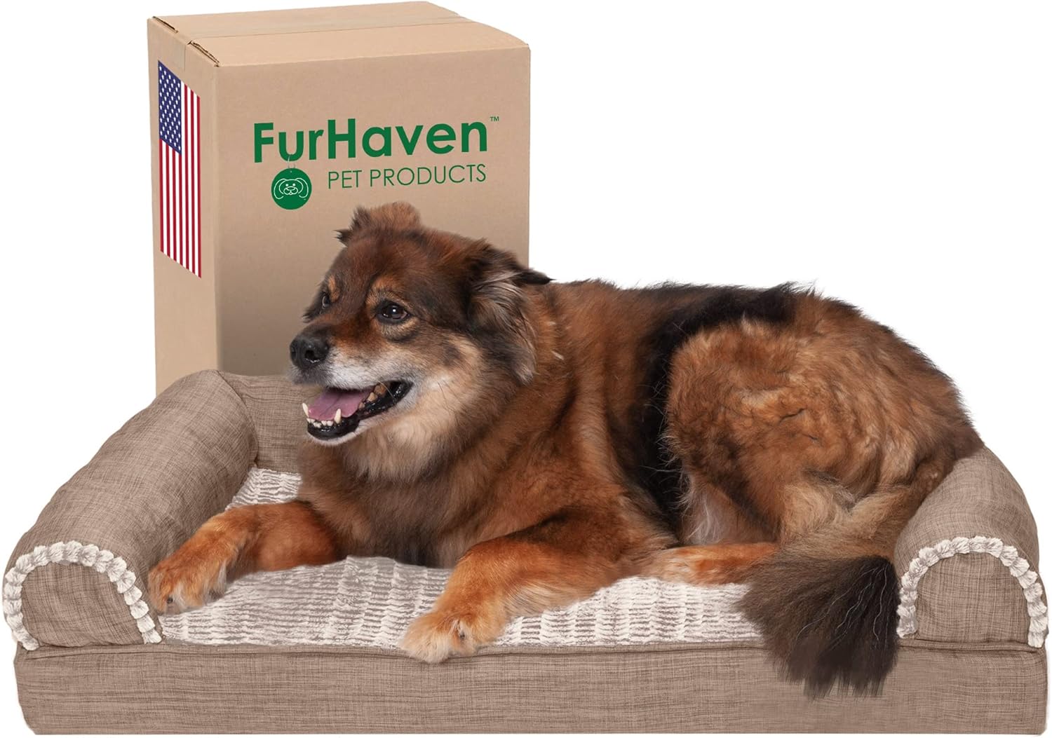 Furhaven XL Orthopedic Dog Bed Luxe Faux Fur & Performance Linen Sofa-Style W/ R