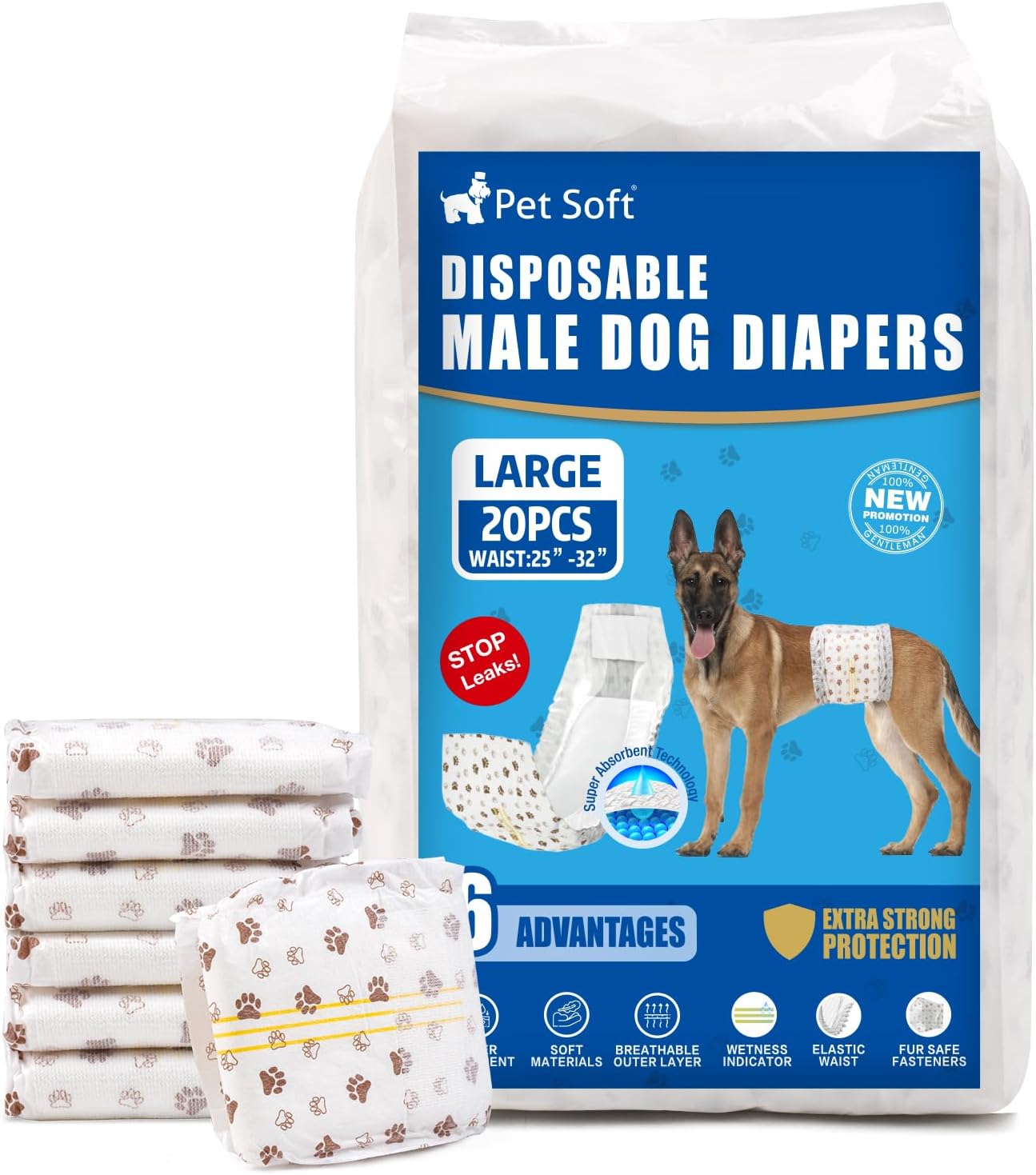 20Pcs Dog Diapers Male - Disposable Male Dog Wraps Wetness Indicator, Small