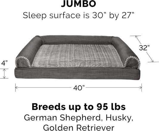 Furhaven XL Orthopedic Dog Bed Luxe Faux Fur & Performance Linen Sofa-Style W/ R