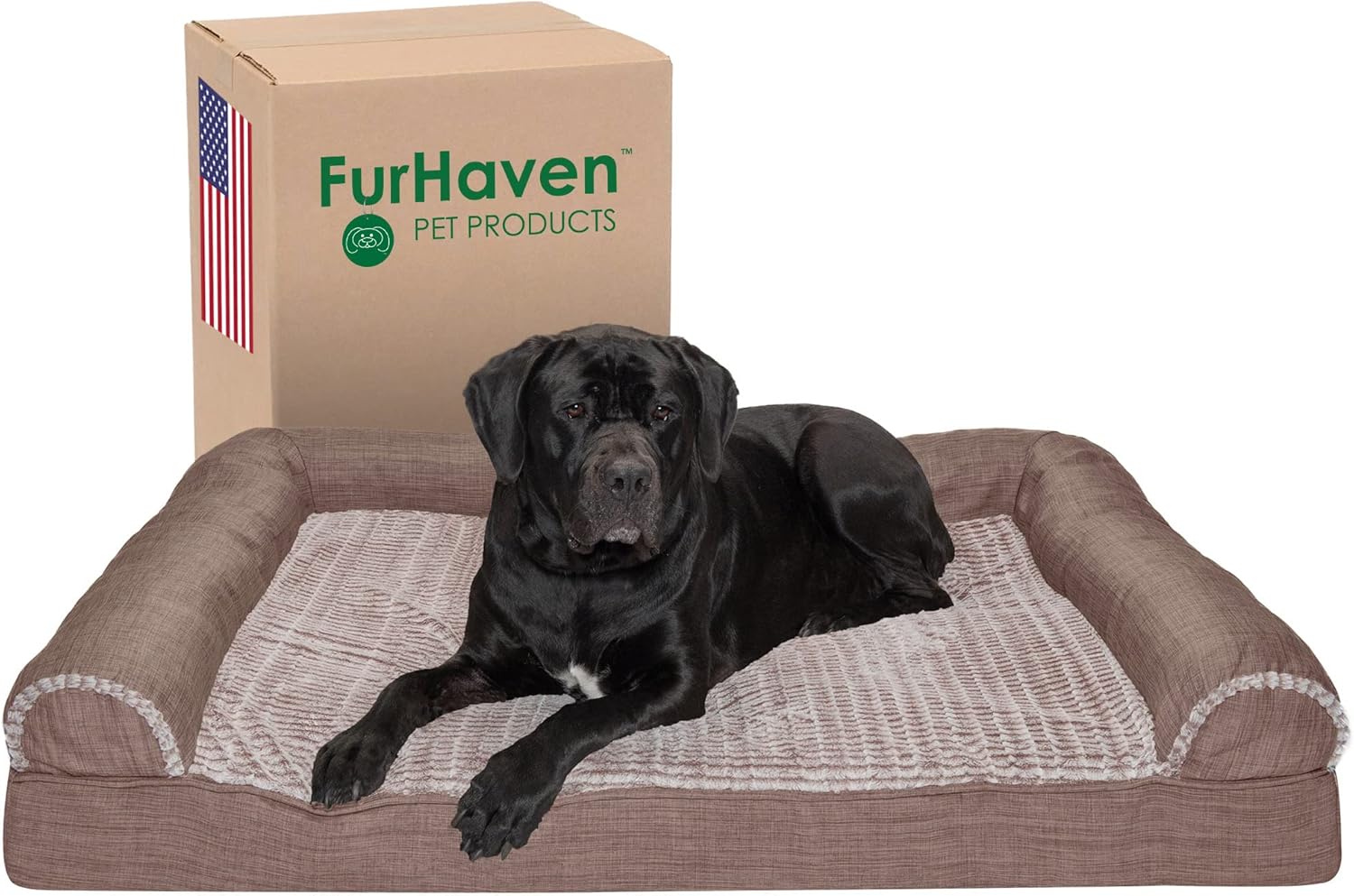 Furhaven XL Orthopedic Dog Bed Luxe Faux Fur & Performance Linen Sofa-Style W/ R