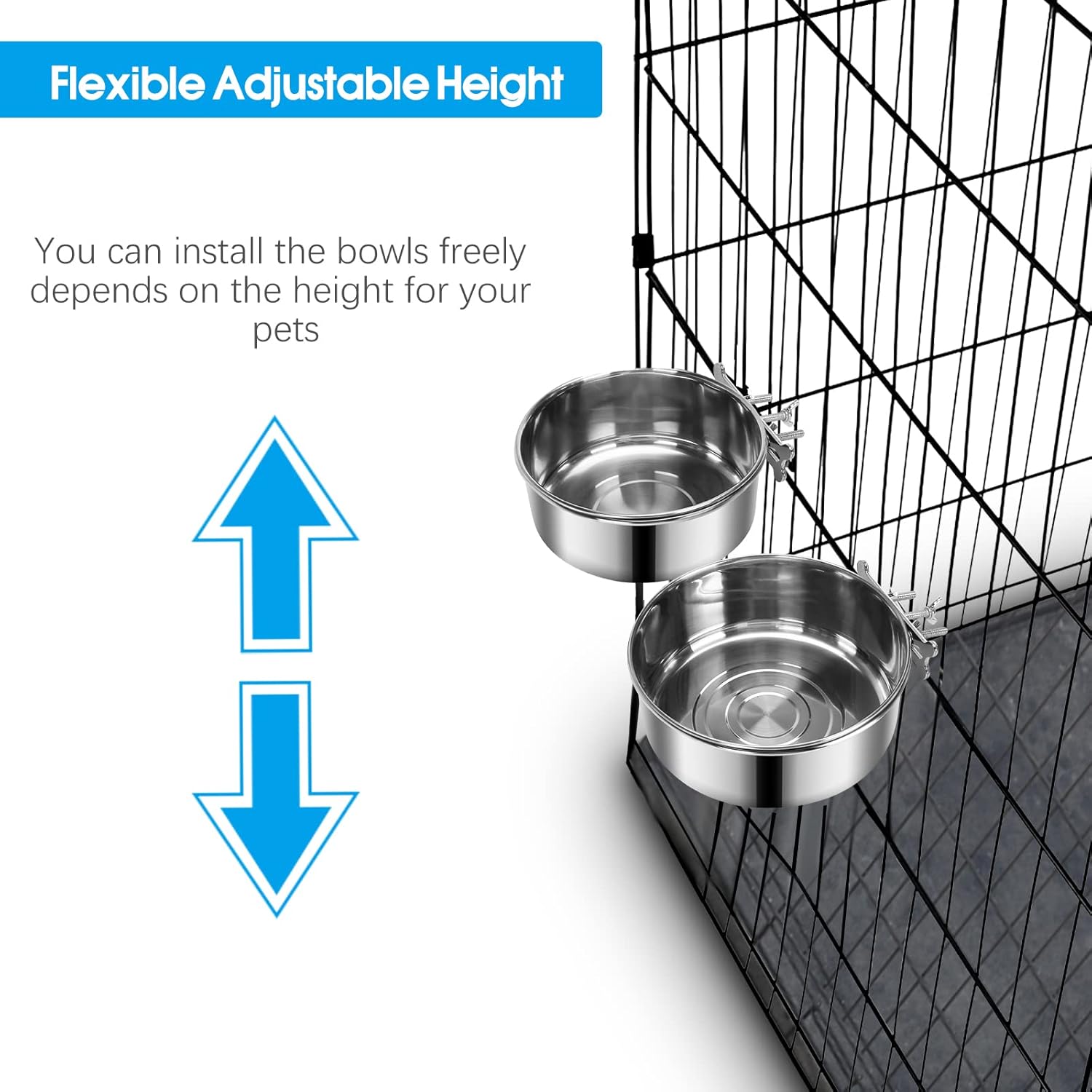 2 Pcs Large Dog Food Water Bowl for Cage with Upgraded Clamp Holder Pet Kennel