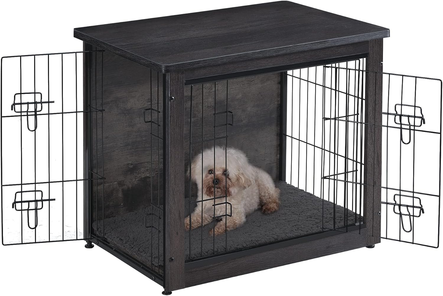 Dog Crate Furniture with Cushion, Wooden Kennel Table with Double Doors, Indoor Dog House, Small/Medium/Large/Extra Large Size, 27.2" L, Dark Gray