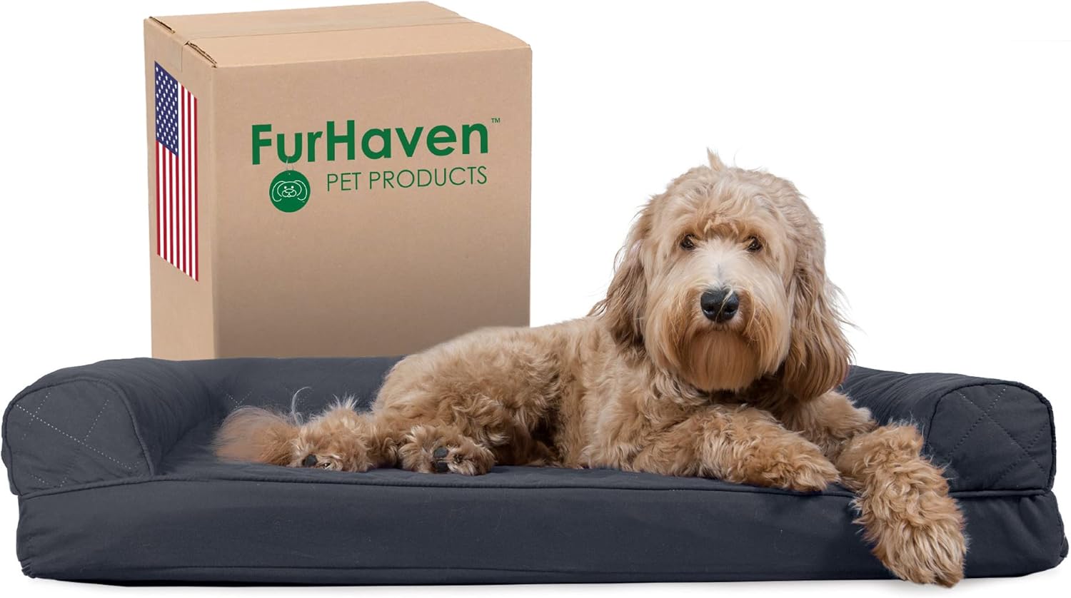 Furhaven XL Orthopedic Dog Bed Luxe Faux Fur & Performance Linen Sofa-Style W/ R