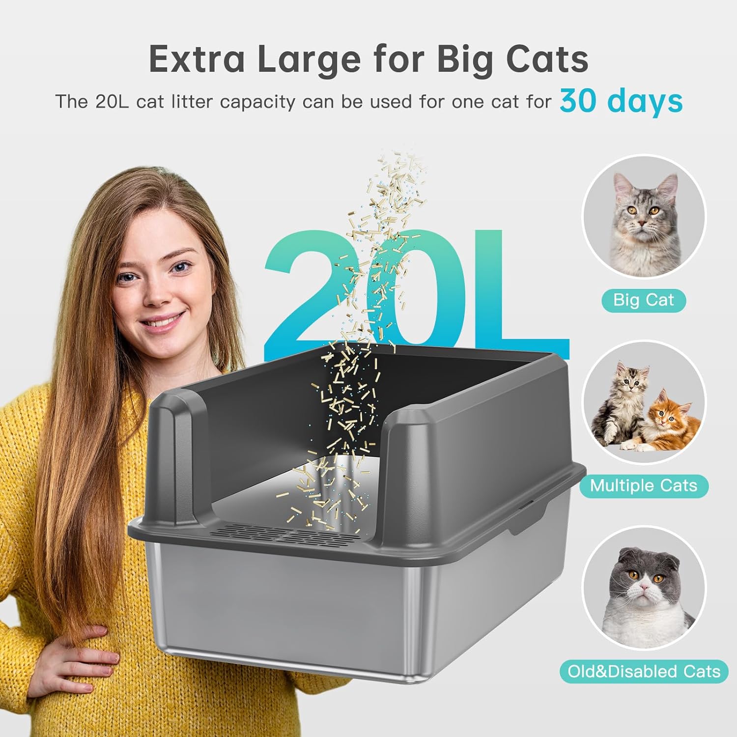 XL Enclosed Stainless Steel Cat Litter Box High Sided with Lid for Big Cats