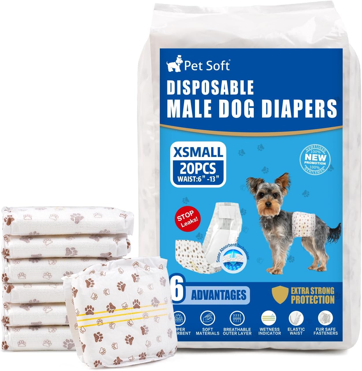 20Pcs Dog Diapers Male - Disposable Male Dog Wraps Wetness Indicator, Small