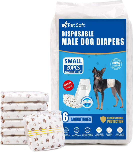 20Pcs Dog Diapers Male - Disposable Male Dog Wraps Wetness Indicator, Small