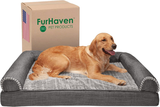 Furhaven XL Orthopedic Dog Bed Luxe Faux Fur & Performance Linen Sofa-Style W/ R