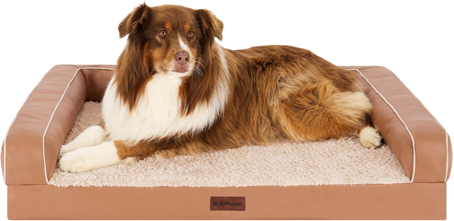 Furhaven XL Orthopedic Dog Bed Luxe Faux Fur & Performance Linen Sofa-Style W/ R
