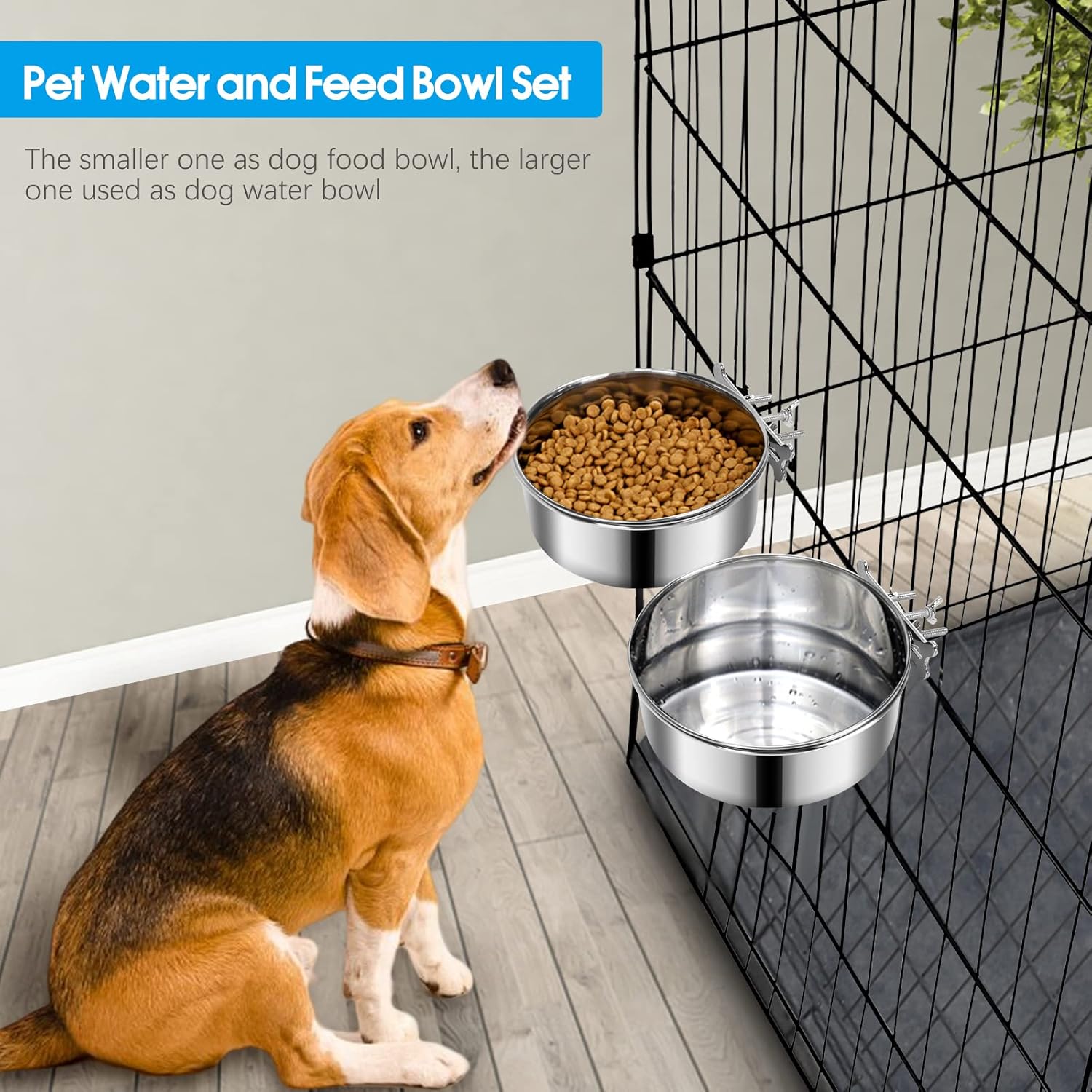 2 Pcs Large Dog Food Water Bowl for Cage with Upgraded Clamp Holder Pet Kennel