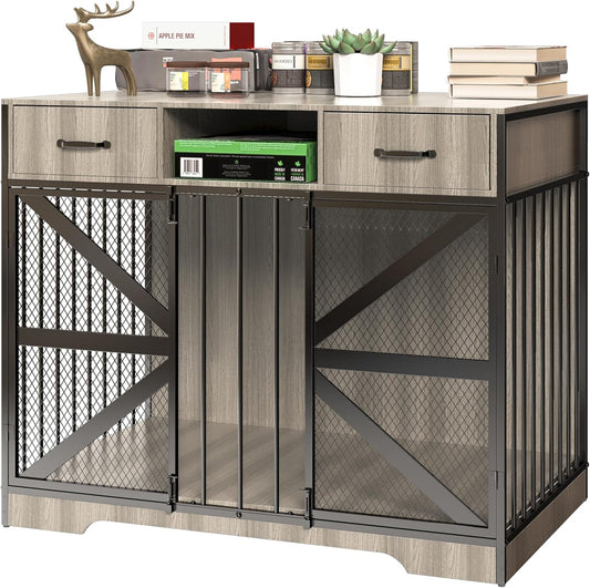 44" Large Dog Crate Furniture, Wooden Heavy Duty Dog Kennel TV Stand with 2 Drawers, Indoor Multi-Functional Decorative XL Furniture for Medium & Large Breeds, Grey