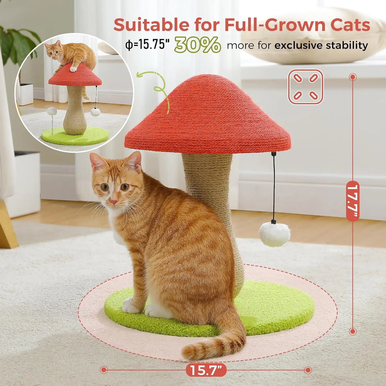 Mushroom Cat Scratching Post, Cat Scratcher Cute with 100% Sisal Covered Scratch