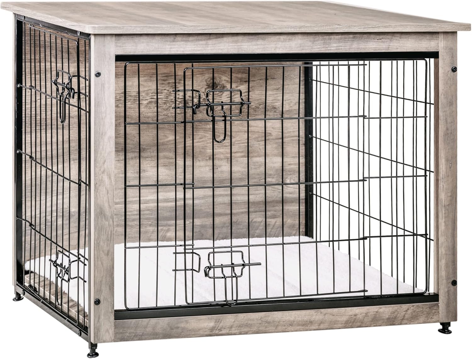 Dog Crate Furniture with Cushion, Wooden Kennel Table with Double Doors, Indoor Dog House, Small/Medium/Large/Extra Large Size, 27.2" L, Dark Gray