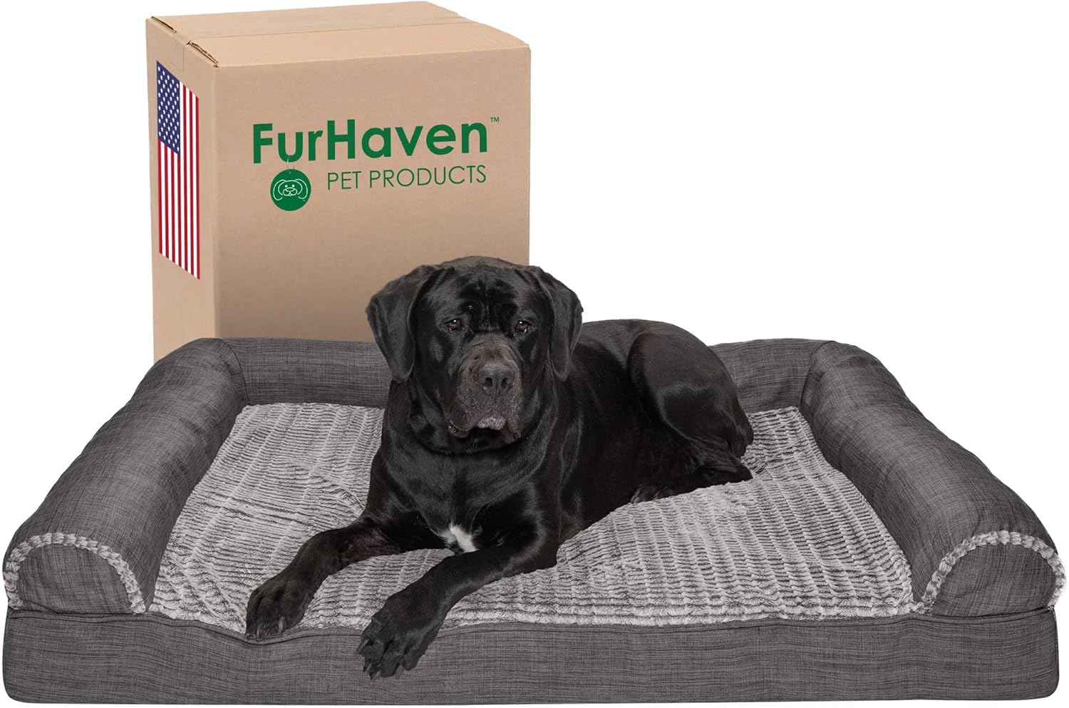 Furhaven XL Orthopedic Dog Bed Luxe Faux Fur & Performance Linen Sofa-Style W/ R