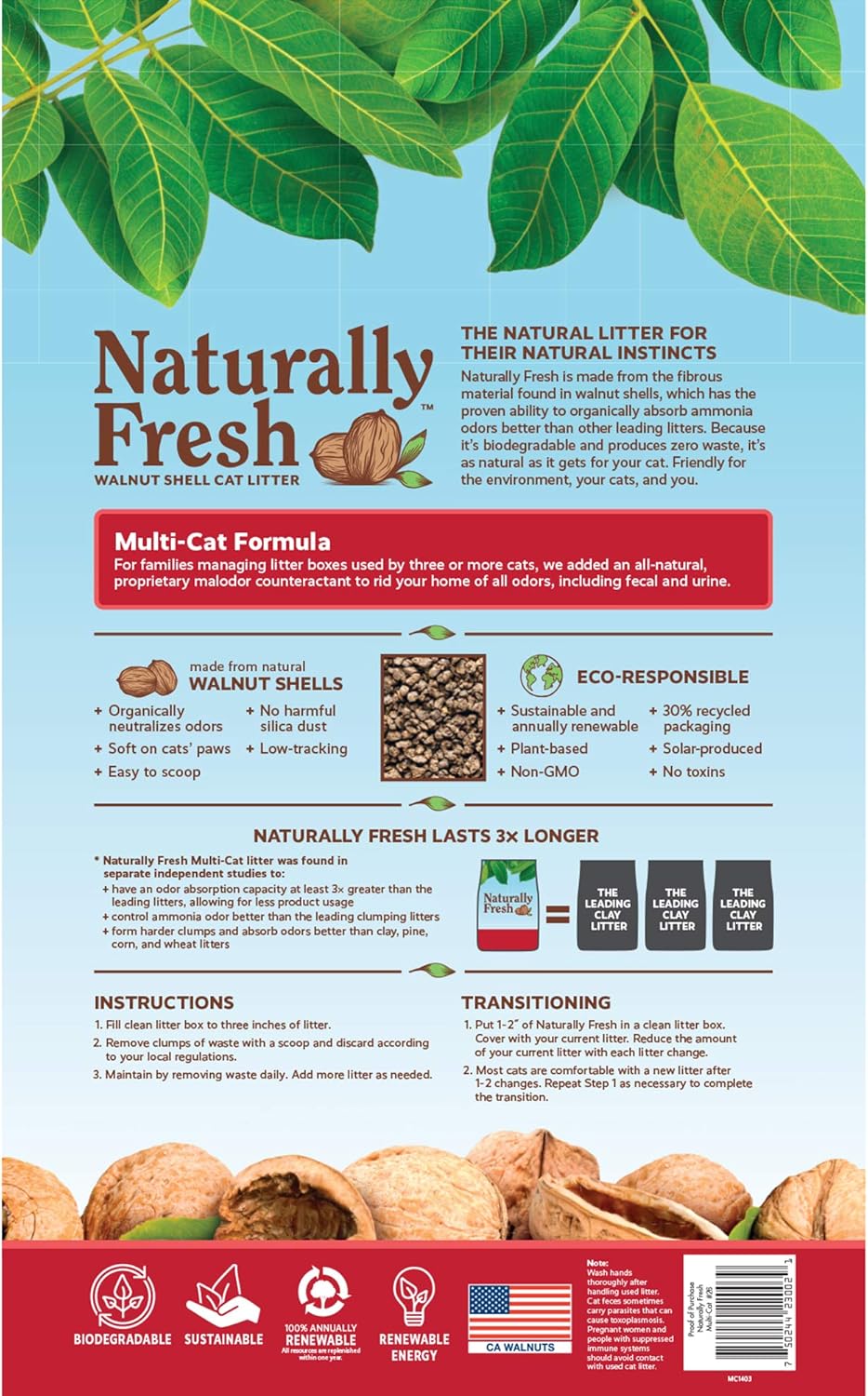 2 Bags Naturally Fresh Walnut-Based Quick Clumping Multi-Cat Litter 26 lb. Bag