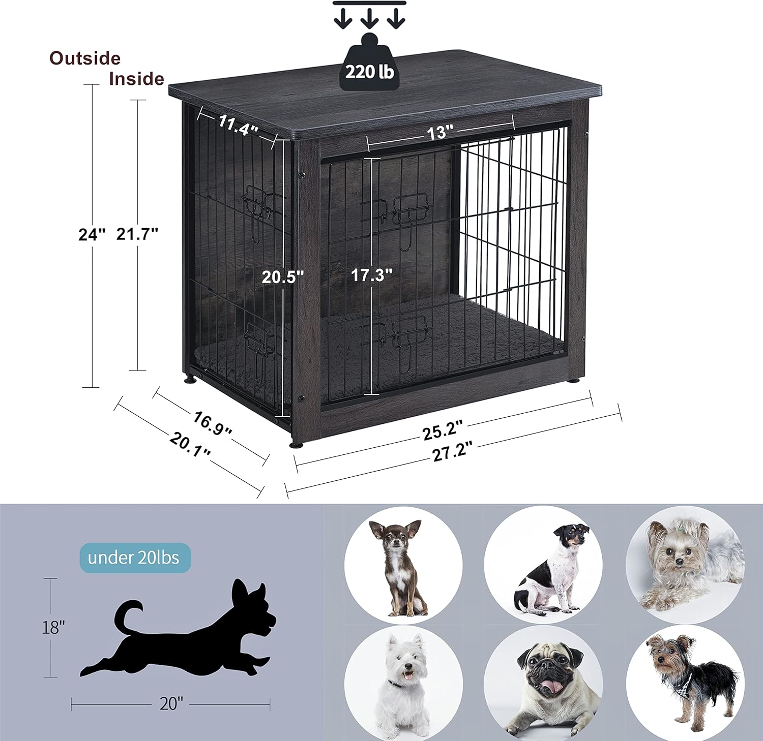 Dog Crate Furniture with Cushion, Wooden Kennel Table with Double Doors, Indoor Dog House, Small/Medium/Large/Extra Large Size, 27.2" L, Dark Gray