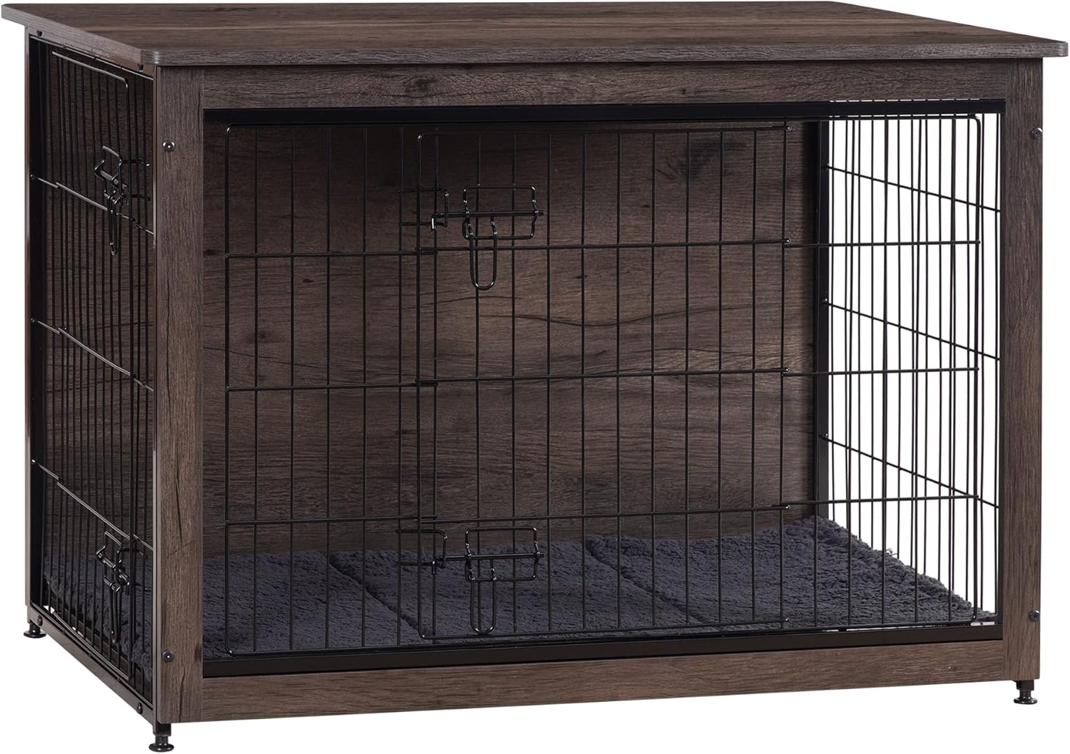 Dog Crate Furniture with Cushion, Wooden Kennel Table with Double Doors, Indoor Dog House, Small/Medium/Large/Extra Large Size, 27.2" L, Dark Gray
