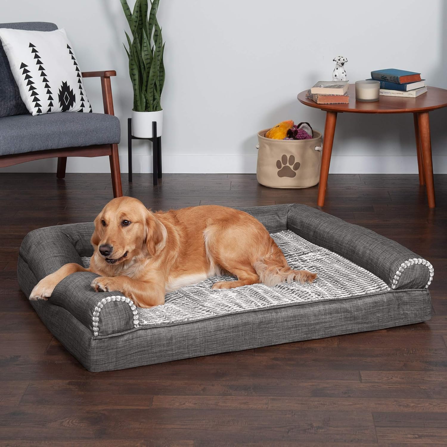Furhaven XL Orthopedic Dog Bed Luxe Faux Fur & Performance Linen Sofa-Style W/ R