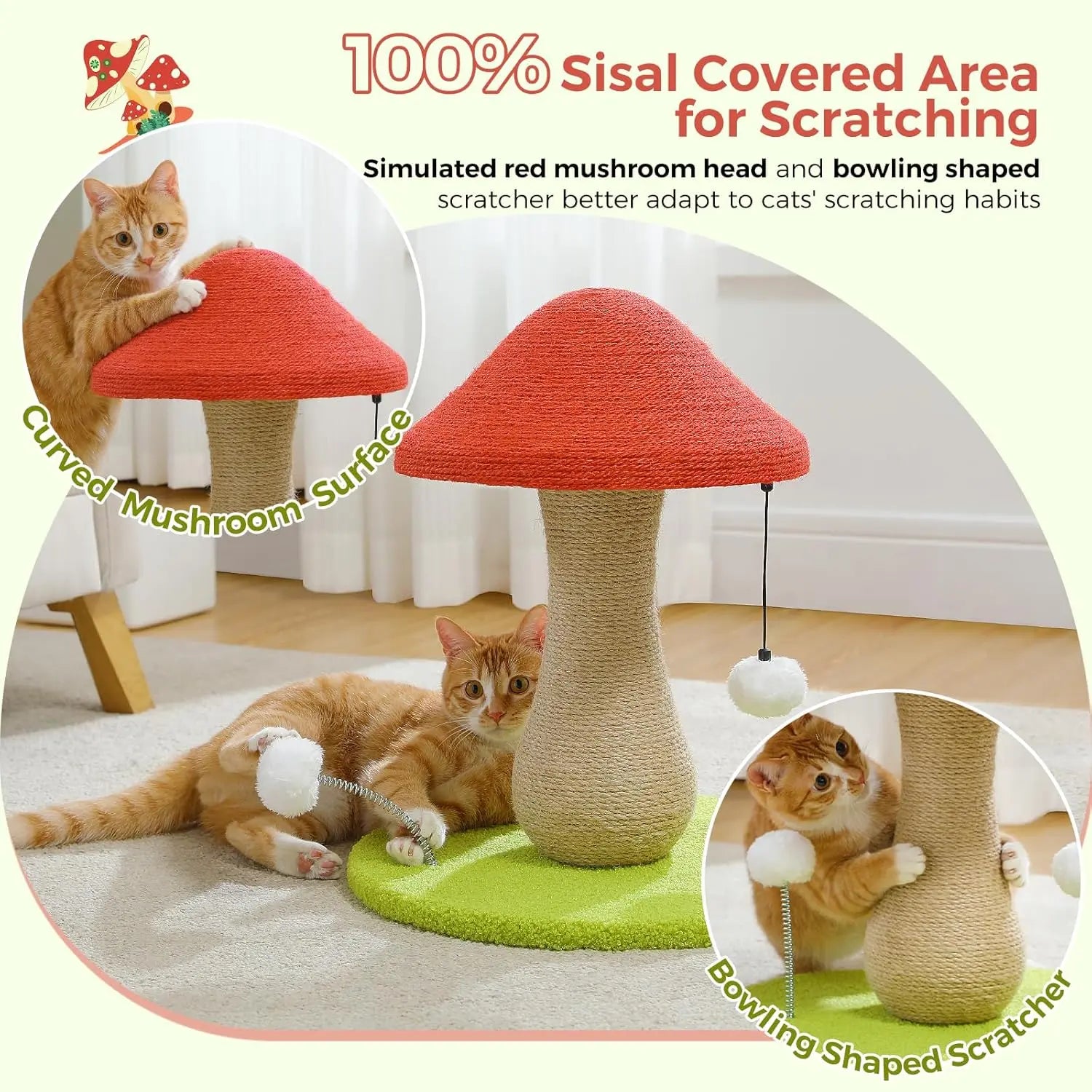 Mushroom Cat Scratching Post, Cat Scratcher Cute with 100% Sisal Covered Scratch