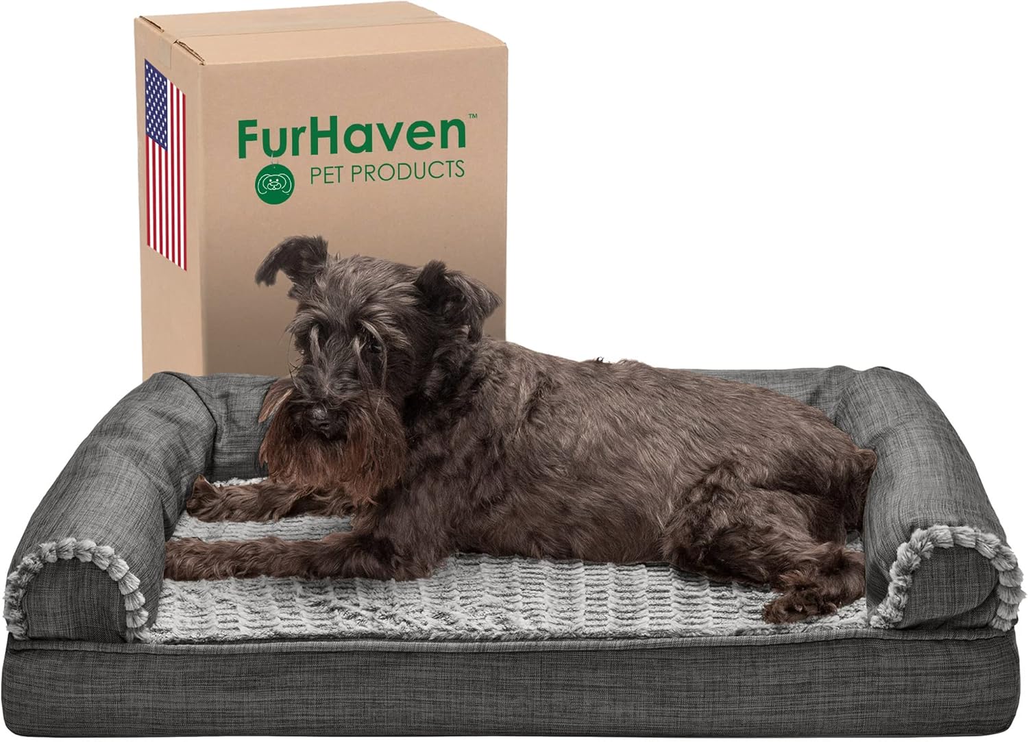 Furhaven XL Orthopedic Dog Bed Luxe Faux Fur & Performance Linen Sofa-Style W/ R