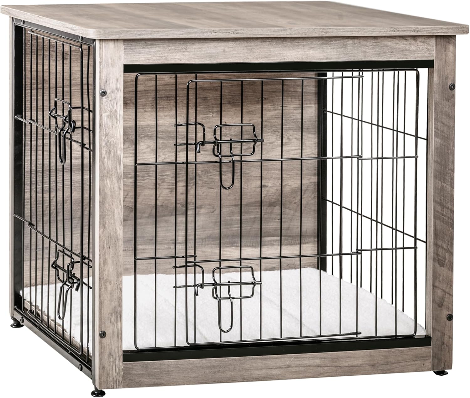 Dog Crate Furniture with Cushion, Wooden Kennel Table with Double Doors, Indoor Dog House, Small/Medium/Large/Extra Large Size, 27.2" L, Dark Gray
