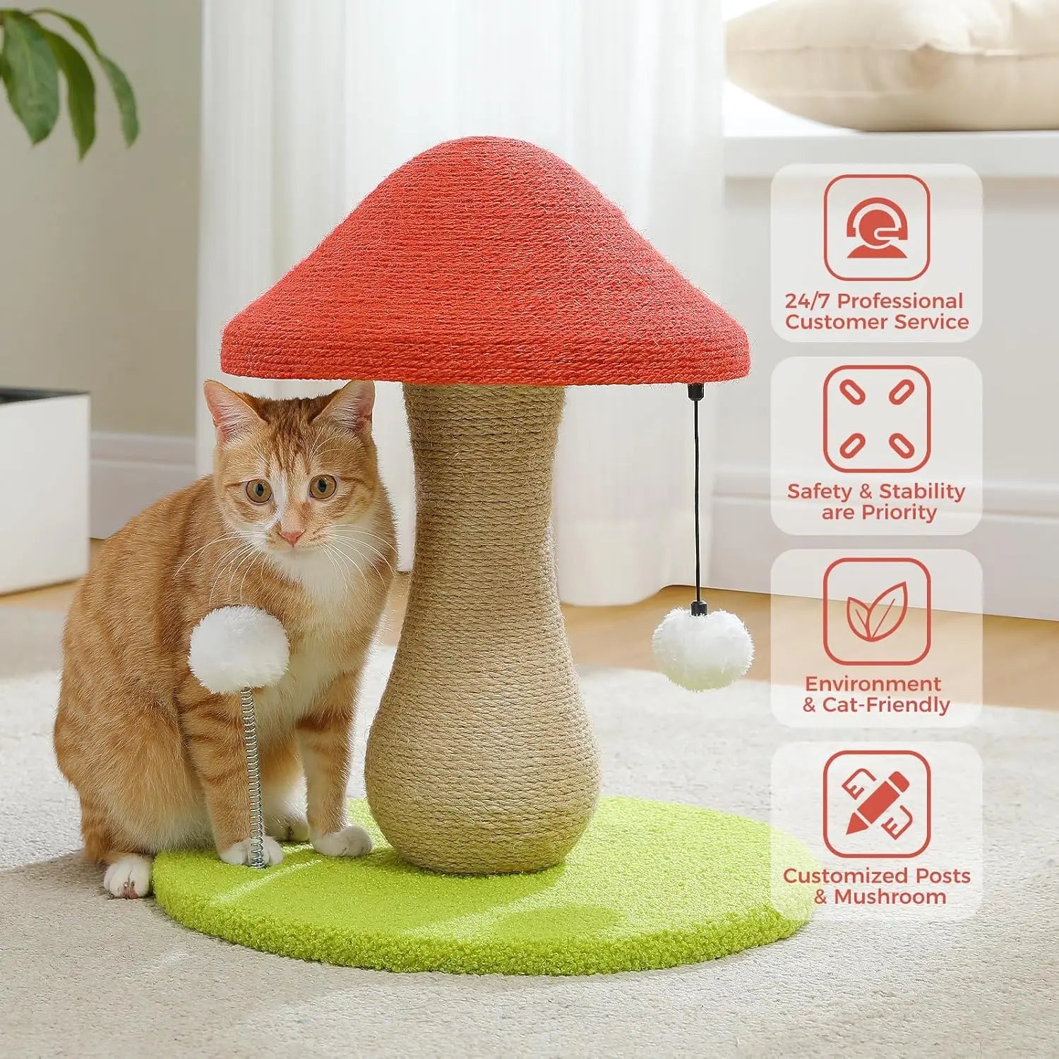 Mushroom Cat Scratching Post, Cat Scratcher Cute with 100% Sisal Covered Scratch