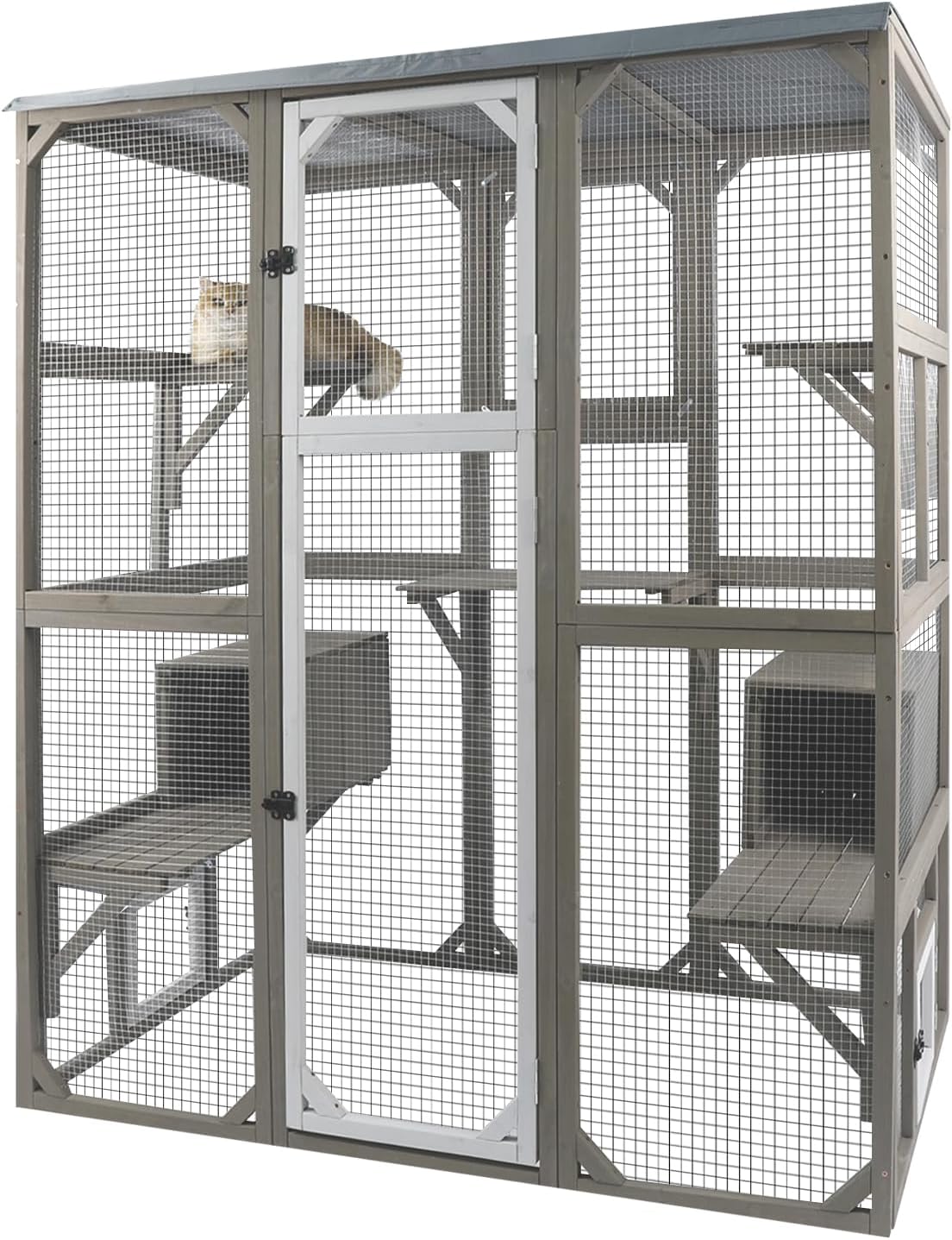 Catio Outdoor Cat Enclosure, Large Cat House Cat Cage Condo Indoor Playpen Kitty Shelter with Multi-Level Platforms, Waterproof Roof, Pull-Out Tray, and 2 Resting Boxes