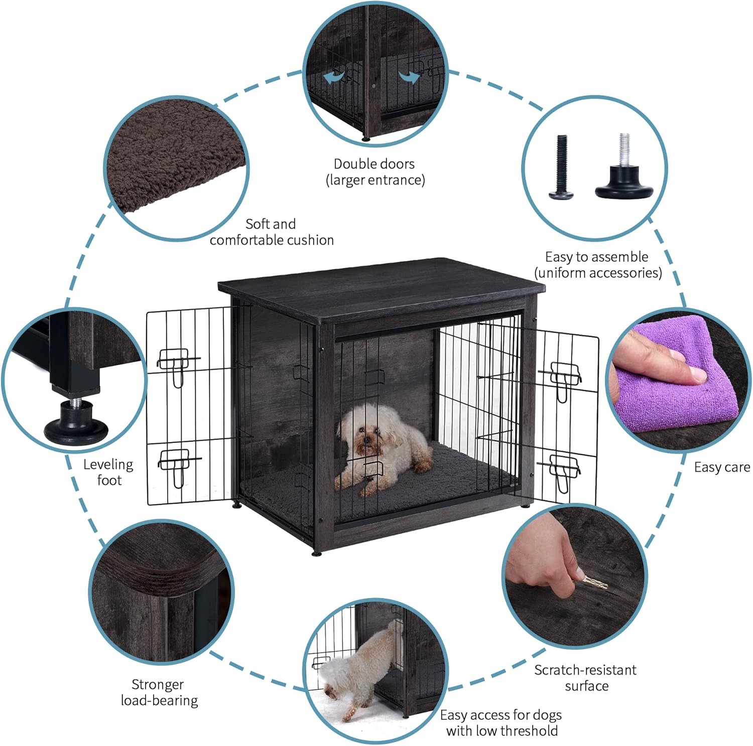 Dog Crate Furniture with Cushion, Wooden Kennel Table with Double Doors, Indoor Dog House, Small/Medium/Large/Extra Large Size, 27.2" L, Dark Gray