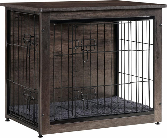 Dog Crate Furniture with Cushion, Wooden Kennel Table with Double Doors, Indoor Dog House, Small/Medium/Large/Extra Large Size, 27.2" L, Dark Gray