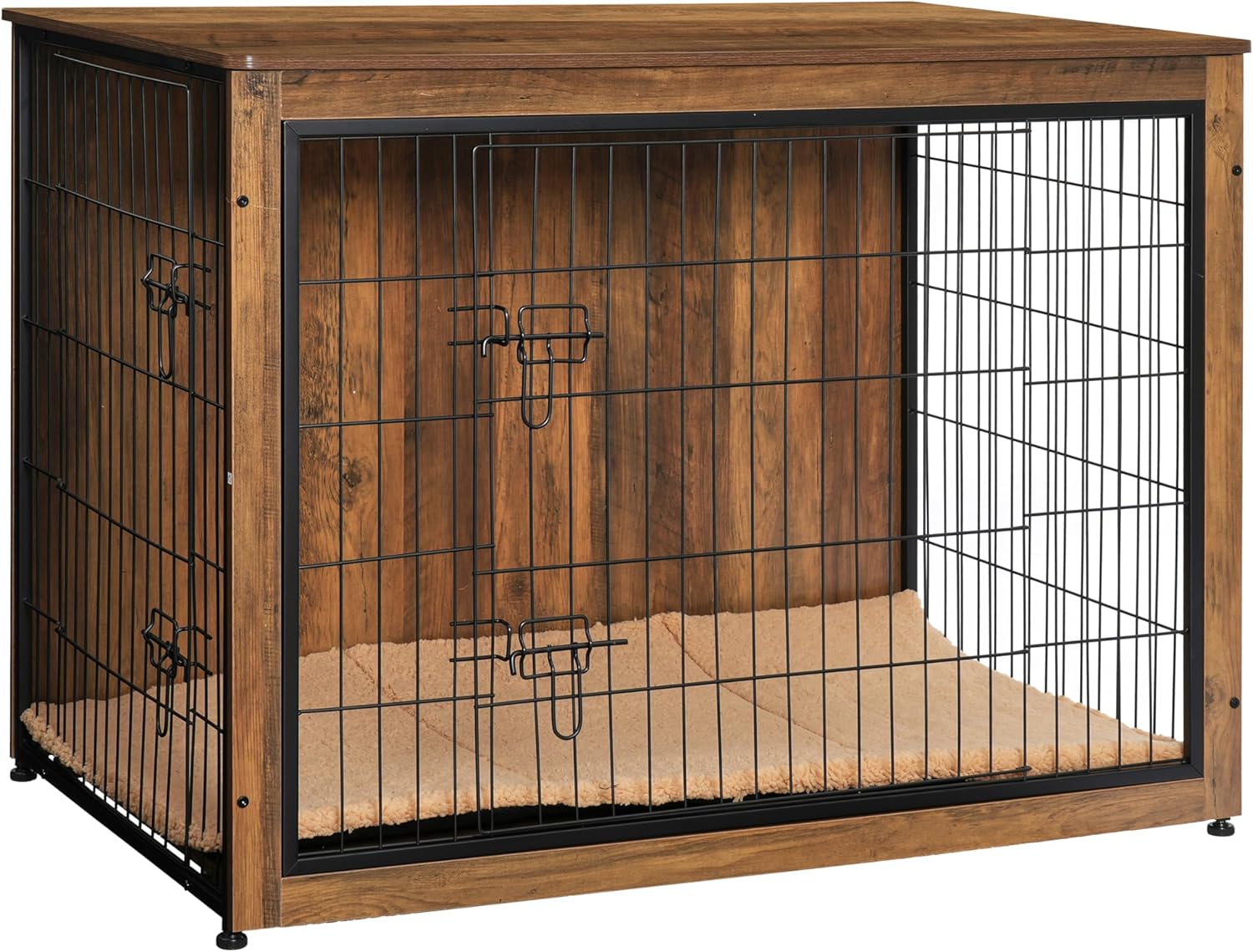 Dog Crate Furniture with Cushion, Wooden Kennel Table with Double Doors, Indoor Dog House, Small/Medium/Large/Extra Large Size, 27.2" L, Dark Gray